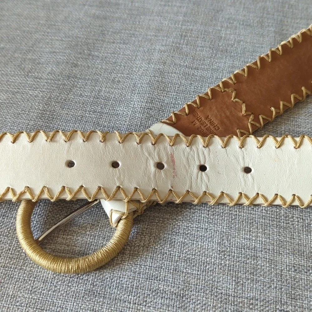 Ivory Genuine Leather Beaded Belt Gold Whipstitch Sequin Boho Western